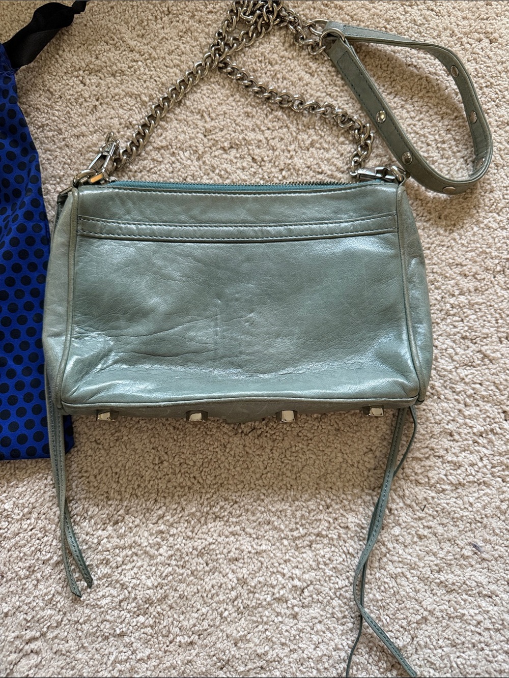 Metallic Sage Green Leather Crossbody Bag with Chain Strap - Picture 3 of 5